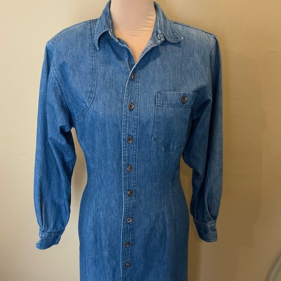 Ralph Lauren Women’s Denim Dress Size 10 VINTAGE Button Front Shoulder Pads 80’s - Picture 3 of 15